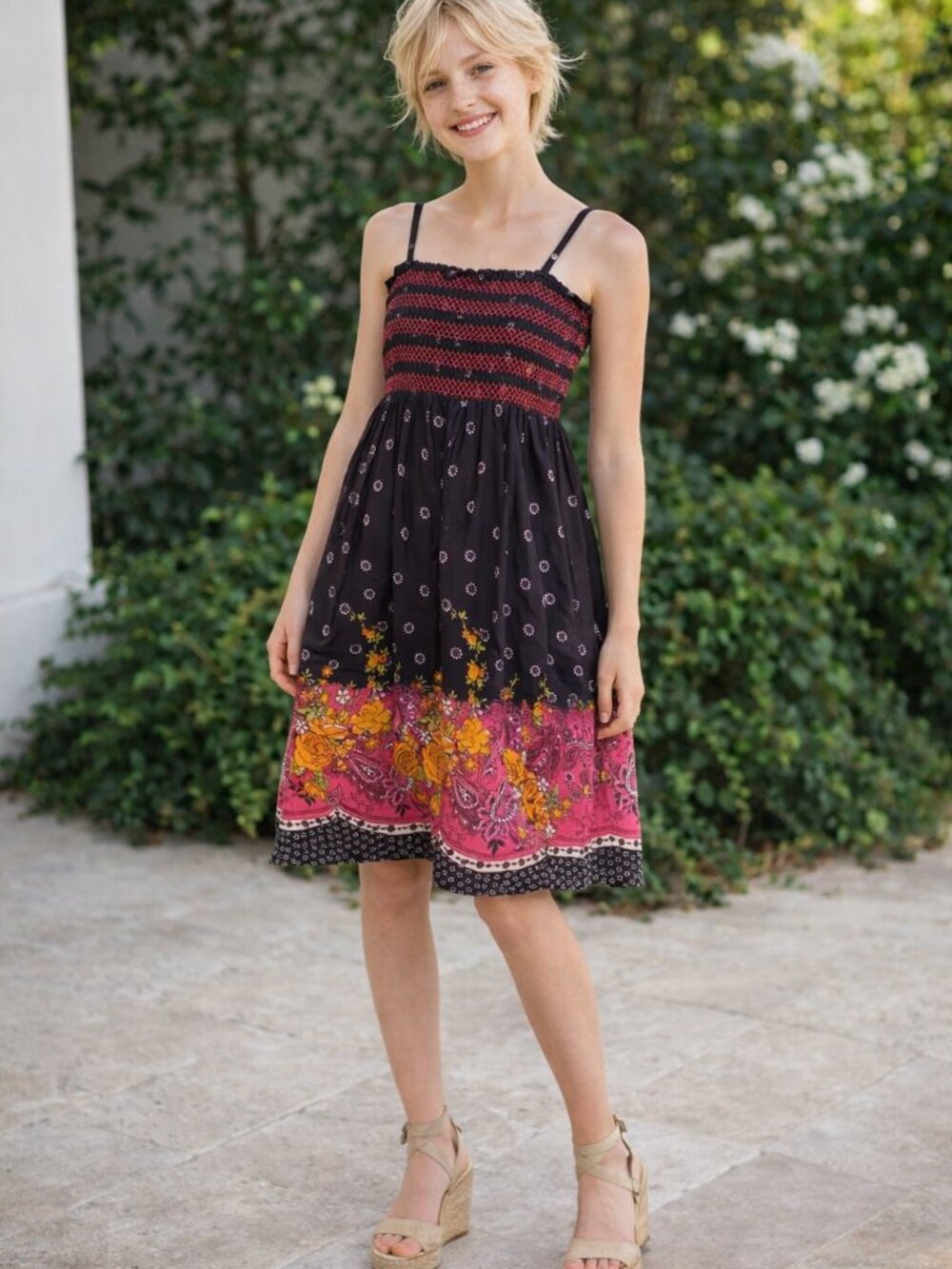 Black floral smocked top summer dress